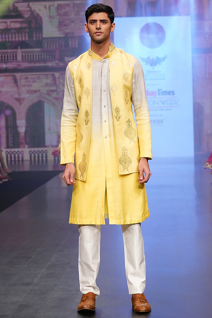 Grey & Lemon Silk Wedding Indowestern Jacket With Kurta Set by Soniya G Men at Pernia's Pop Up Shop