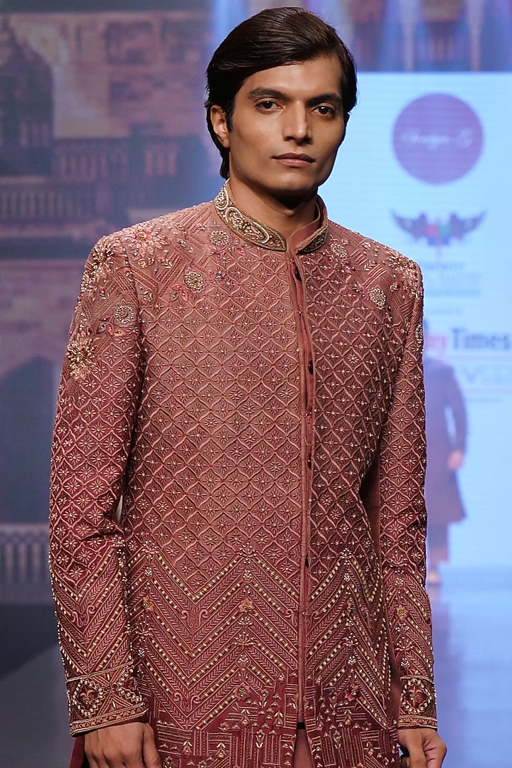 Carrot-Colored Raw Silk Zari Work Groom Sherwani Set by Soniya G Men at Pernia's Pop Up Shop