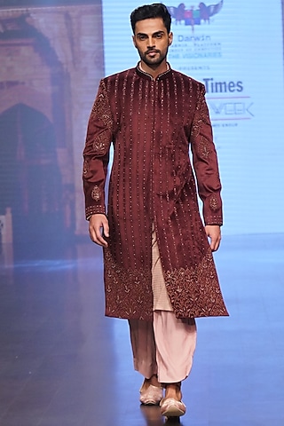 Wine Velvet Sherwani Set by Soniya G Men