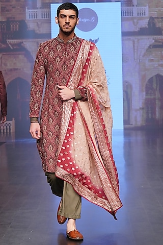 Maroon Velvet Sherwani Set by Soniya G Men
