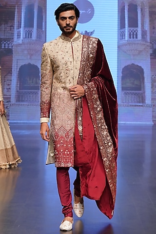 Cream & Wine Raw Silk Sherwani Set by Soniya G Men