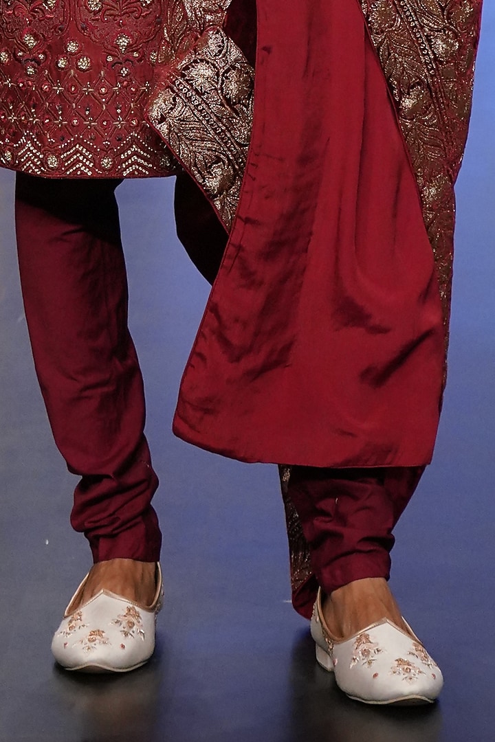 Cream & Wine Raw Silk Groom Sherwani Set by Soniya G Men at Pernia's Pop Up Shop