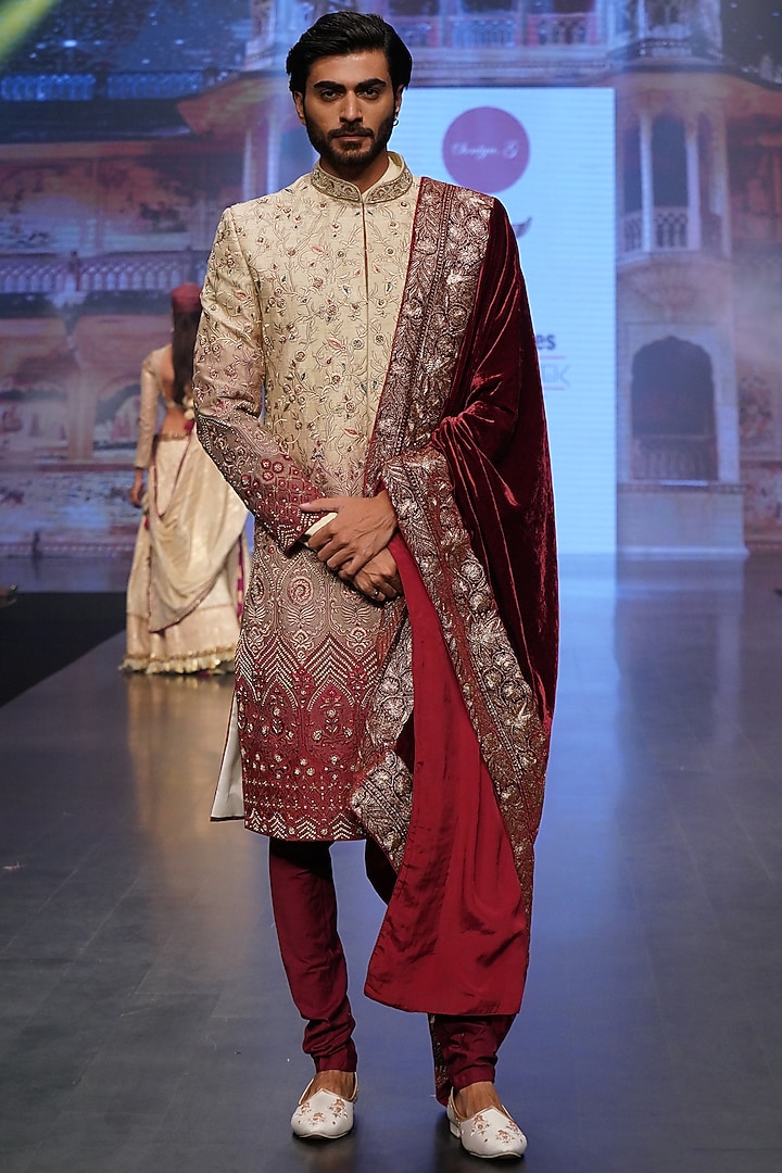 Cream & Wine Raw Silk Groom Sherwani Set by Soniya G Men at Pernia's Pop Up Shop