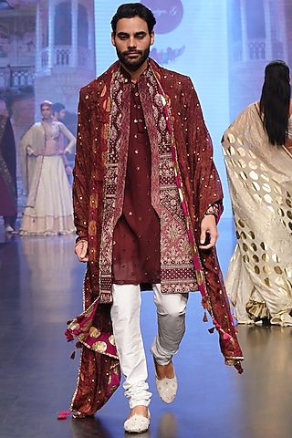 Maroon Velvet Zardosi Work & Printed Indowestern Set by Soniya G Men