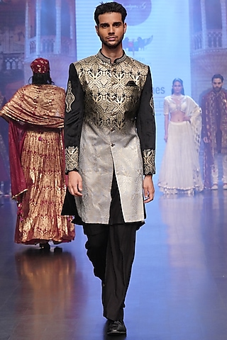 Black & Gold Printed Indo Western Set by Soniya G Men