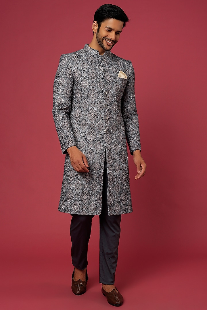 Steel Grey Embroidered Sherwani Set by Soniya G Men