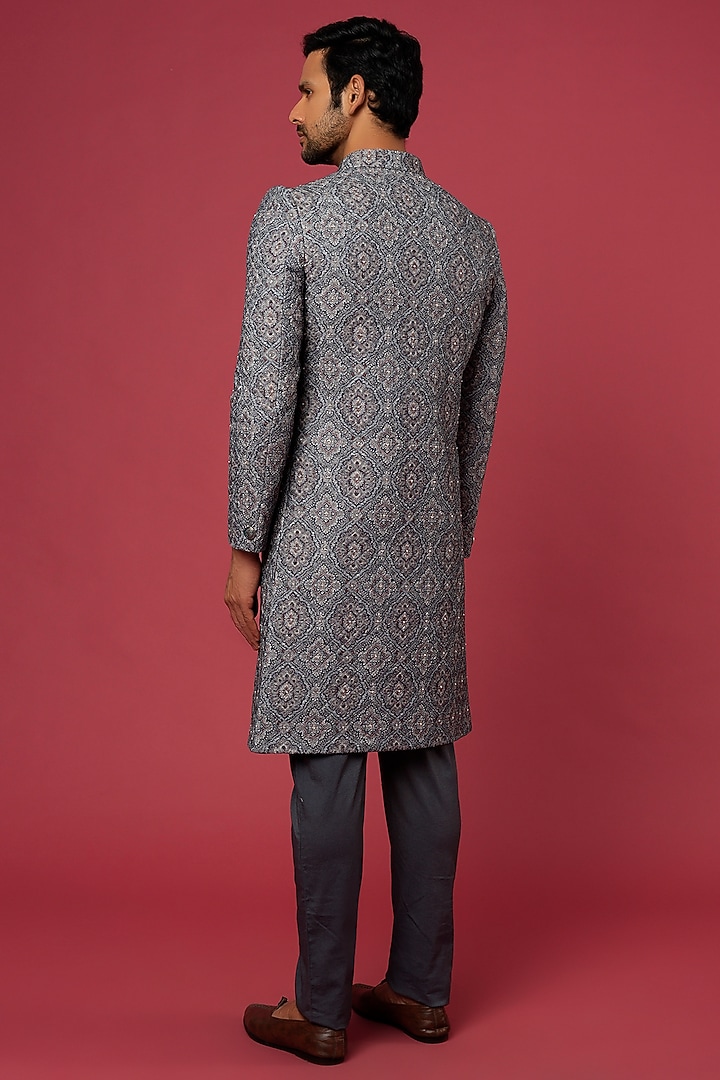 Steel Grey Embroidered Wedding Sherwani Set by Soniya G Men at Pernia's Pop Up Shop