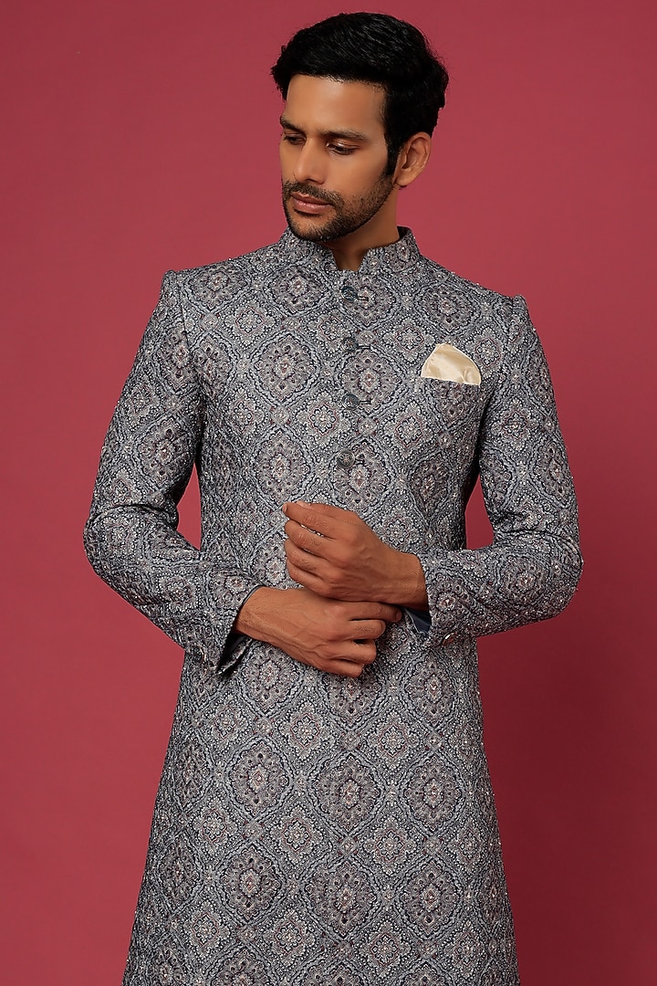 Steel Grey Embroidered Wedding Sherwani Set by Soniya G Men at Pernia's Pop Up Shop