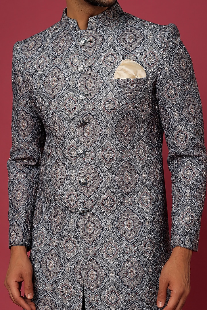 Steel Grey Embroidered Wedding Sherwani Set by Soniya G Men at Pernia's Pop Up Shop