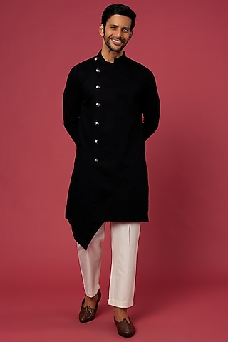Black Silk Angrakha Kurta Set by Soniya G Men