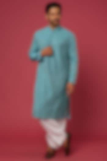 Aqua Blue Embroidered Kurta Set by Soniya G Men at Pernia's Pop Up Shop