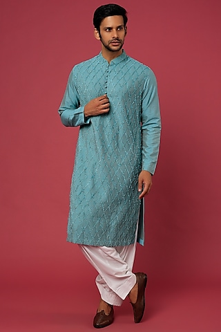 Aqua Blue Embroidered Kurta Set by Soniya G Men
