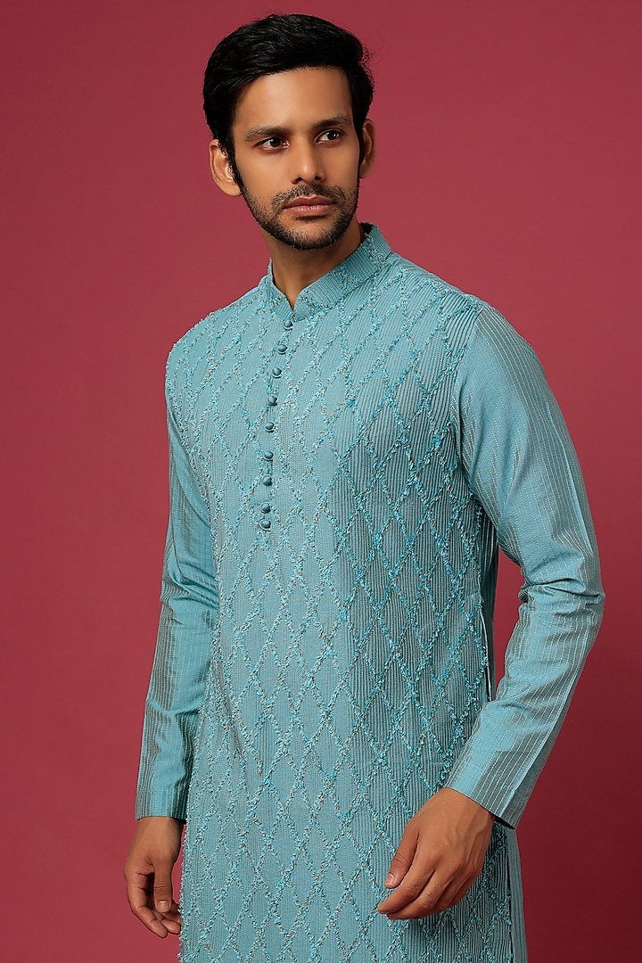 Aqua Blue Embroidered Kurta Set by Soniya G Men at Pernia's Pop Up Shop