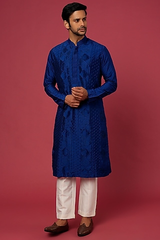 Royal Blue Embroidered Kurta Set by Soniya G Men
