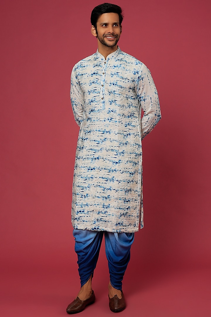 Cream Tie-Dyed Pleated Kurta Set by Soniya G Men