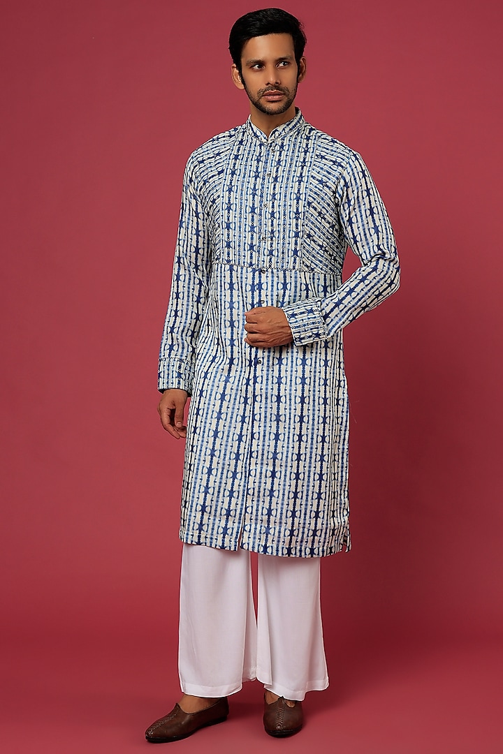 Blue & White Tie-Dyed Kurta Set by Soniya G Men