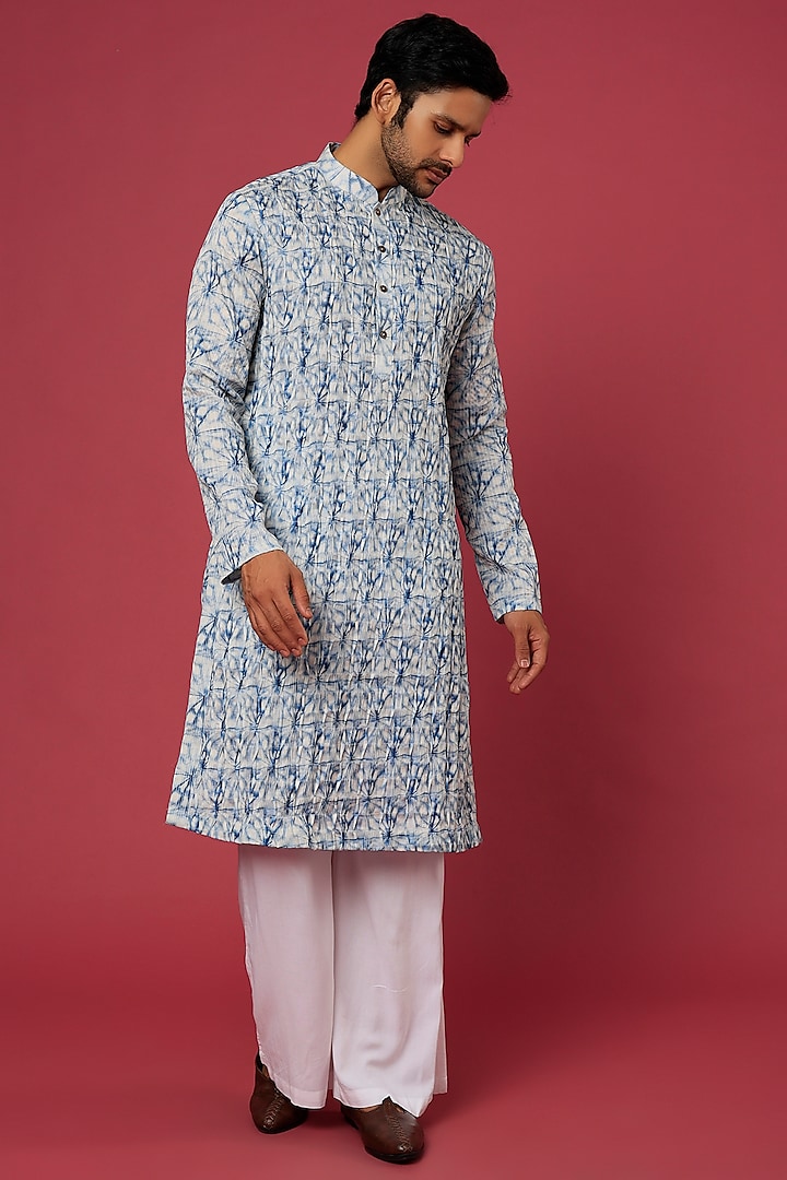 Blue & White Tie-Dyed Printed Kurta Set by Soniya G Men