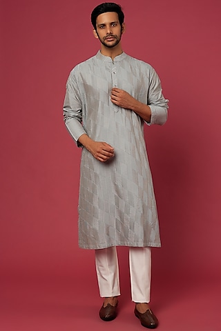 Melange Grey Embroidered Kurta Set by Soniya G Men