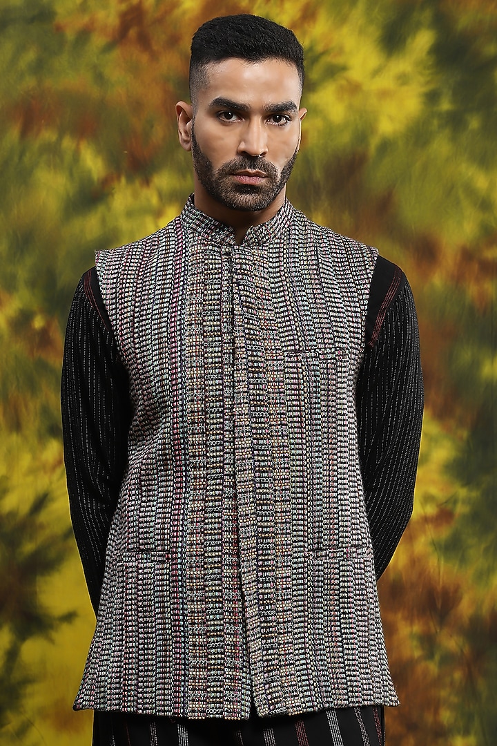 Multi-Colored Handloom Silk Nehru Jacket Set by Soniya G Men at Pernia's Pop Up Shop