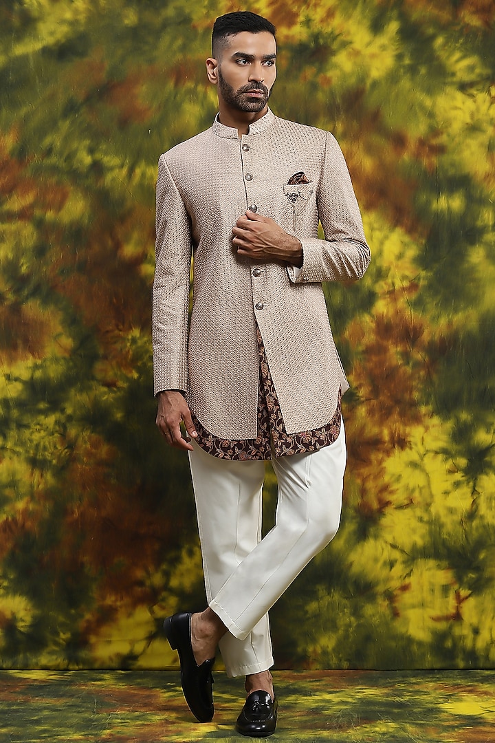 Beige Handloom Silk Bandhgala Jacket Set by Soniya G Men