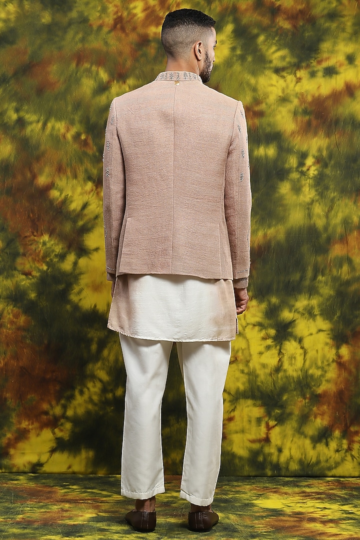 Pale Pink Handloom Silk Hand Embroidered Wedding Bandhgala Jacket Set by Soniya G Men at Pernia's Pop Up Shop