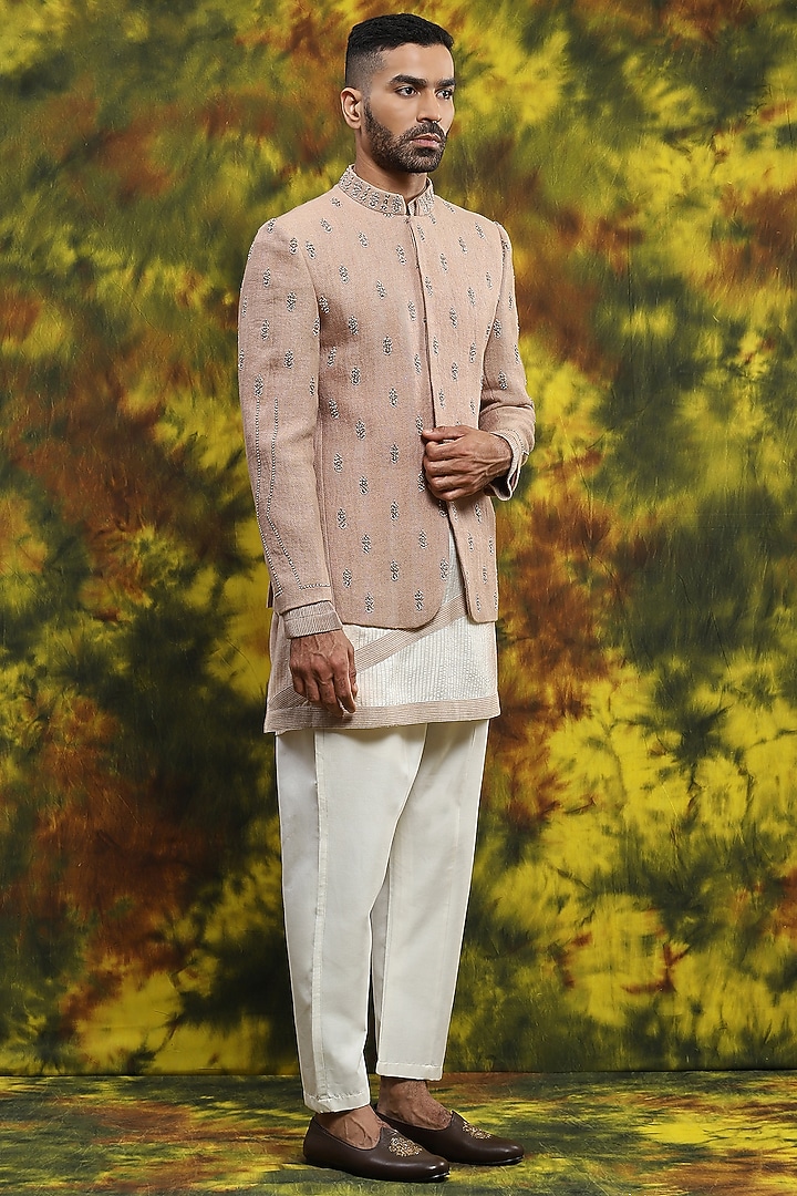 Pale Pink Handloom Silk Hand Embroidered Wedding Bandhgala Jacket Set by Soniya G Men at Pernia's Pop Up Shop