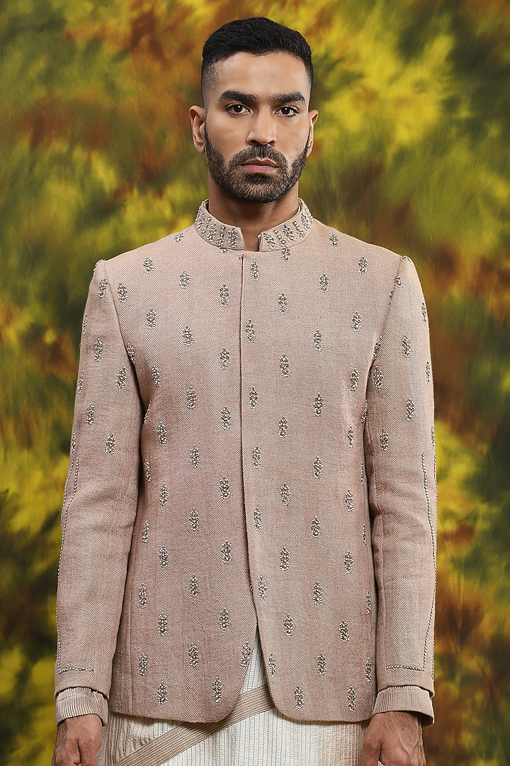 Pale Pink Handloom Silk Hand Embroidered Wedding Bandhgala Jacket Set by Soniya G Men at Pernia's Pop Up Shop