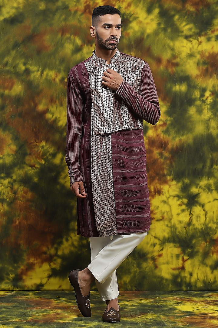 Wine Cotton & Handloom Silk Kurta Set by Soniya G Men at Pernia's Pop Up Shop