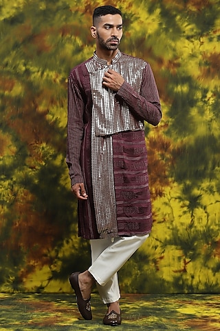 Wine Cotton & Handloom Silk Kurta Set by Soniya G Men