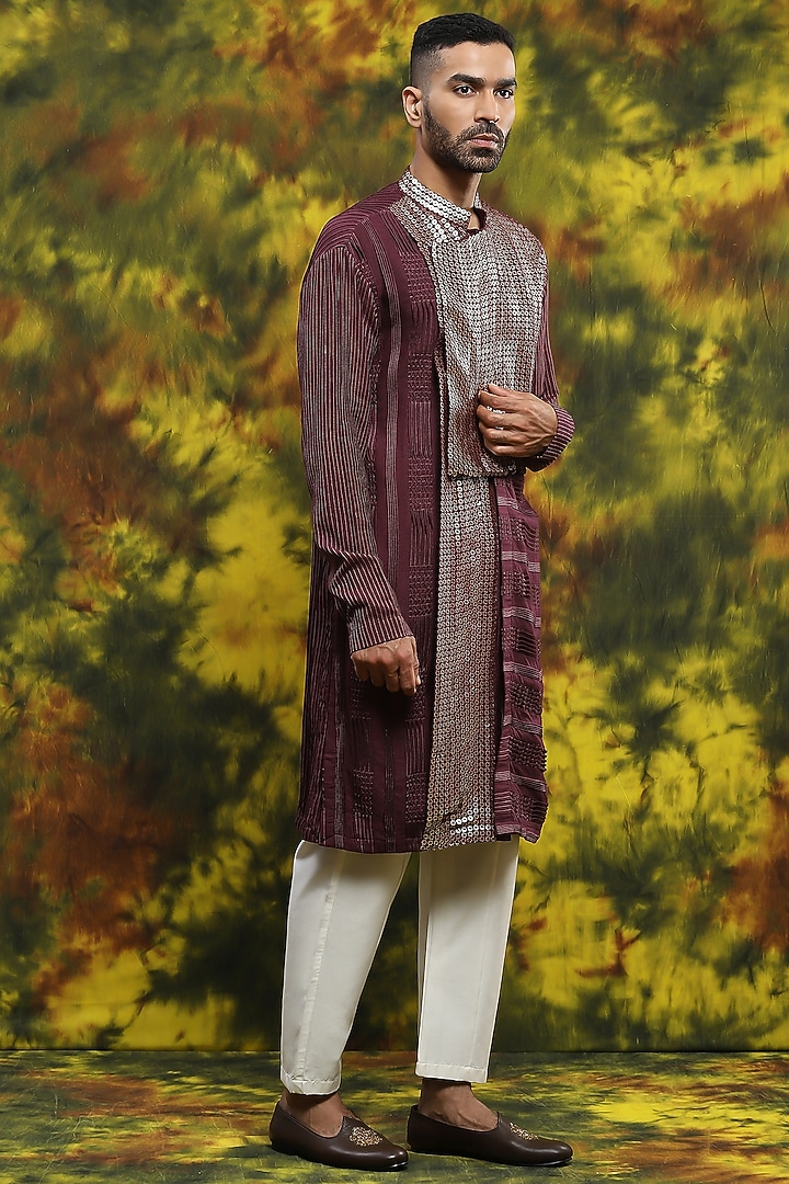 Wine Cotton & Handloom Silk Kurta Set by Soniya G Men at Pernia's Pop Up Shop
