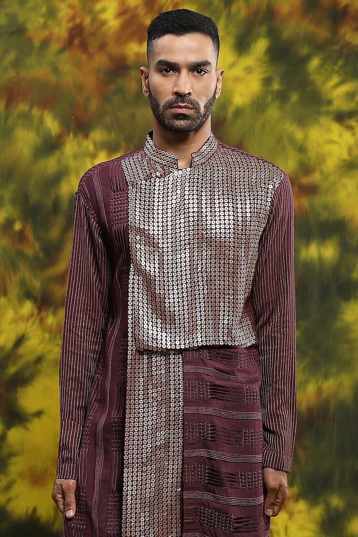 Wine Cotton & Handloom Silk Kurta Set by Soniya G Men at Pernia's Pop Up Shop