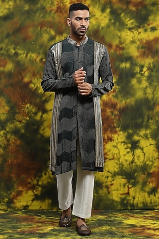 Green Cotton & Handloom Silk Kurta Set by Soniya G Men