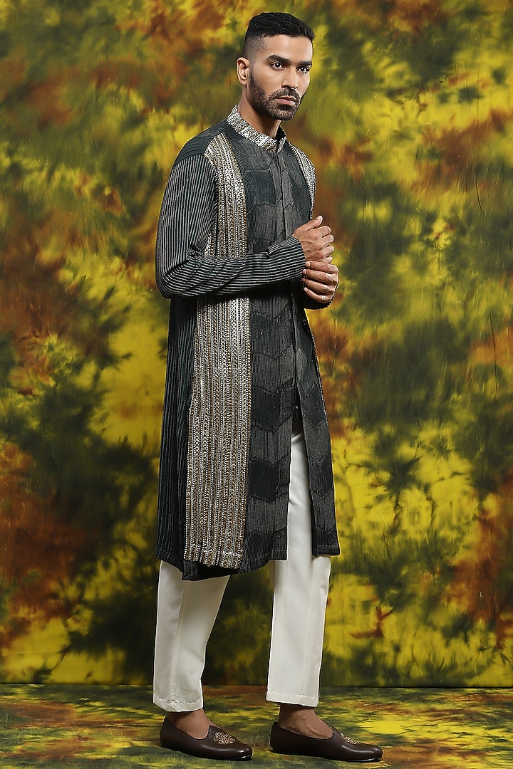 Green Cotton & Handloom Silk Kurta Set by Soniya G Men at Pernia's Pop Up Shop