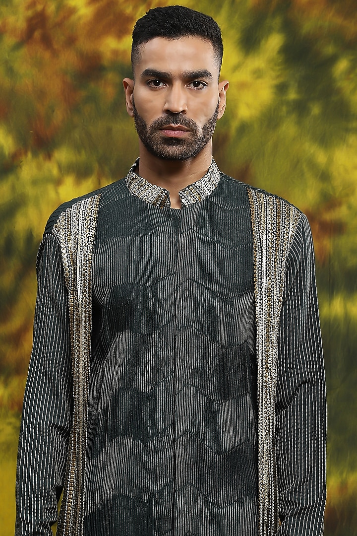 Green Cotton & Handloom Silk Kurta Set by Soniya G Men at Pernia's Pop Up Shop