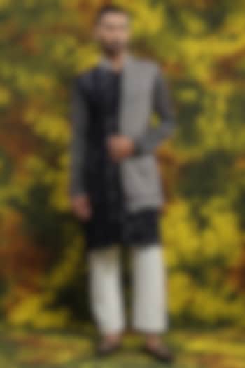 Navy Blue Cotton & Handloom Silk Kurta Set by Soniya G Men at Pernia's Pop Up Shop