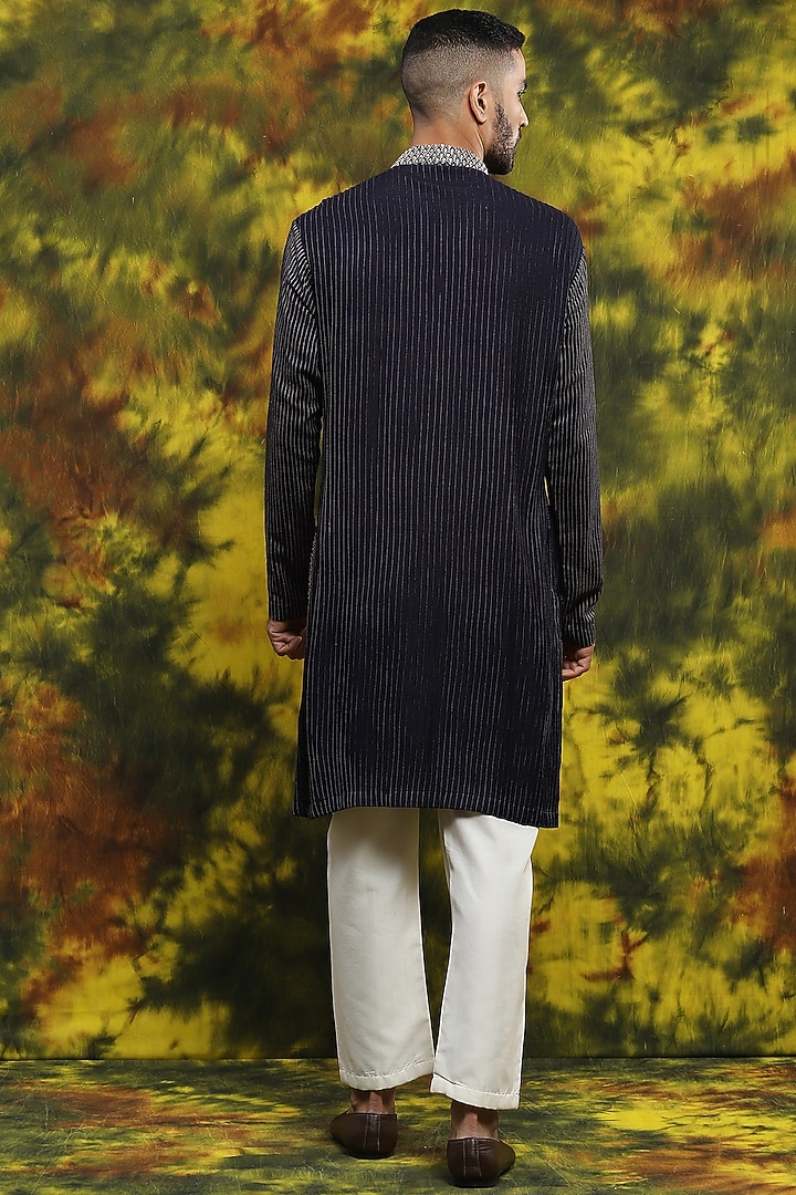 Navy Blue Cotton & Handloom Silk Kurta Set by Soniya G Men at Pernia's Pop Up Shop