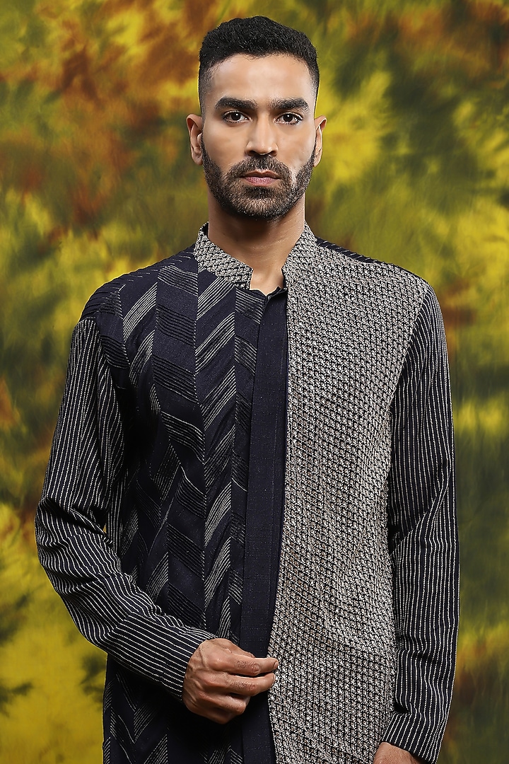 Navy Blue Cotton & Handloom Silk Kurta Set by Soniya G Men at Pernia's Pop Up Shop