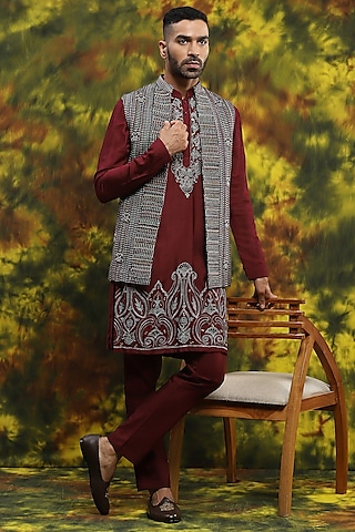 Multi-Colored Handloom Silk Indowestern Set by Soniya G Men
