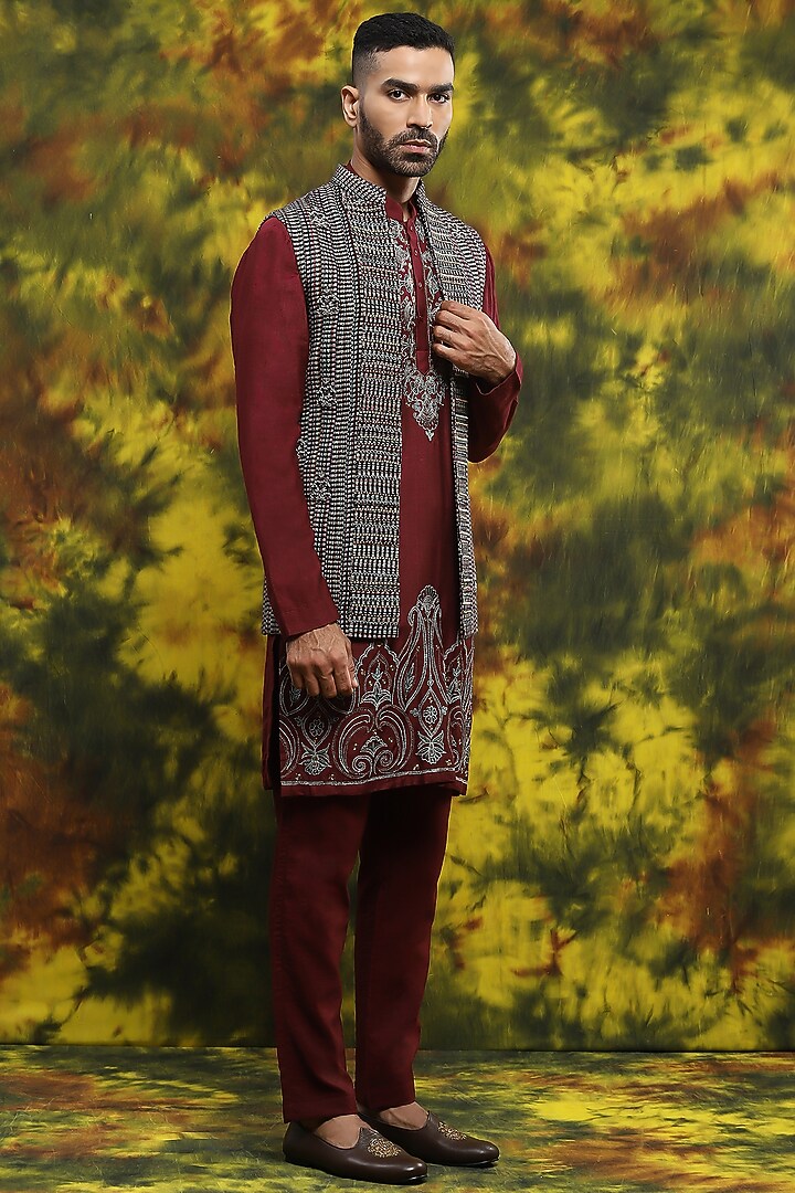 Multi-Colored Handloom Silk Wedding Indowestern Set by Soniya G Men at Pernia's Pop Up Shop