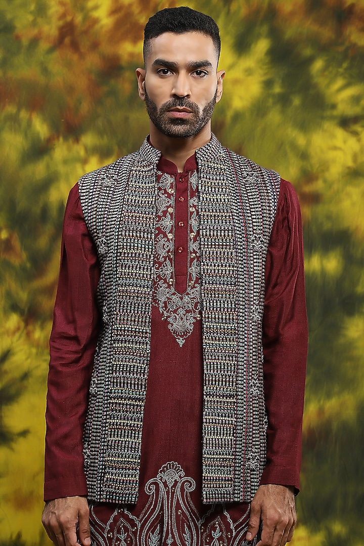 Multi-Colored Handloom Silk Wedding Indowestern Set by Soniya G Men at Pernia's Pop Up Shop