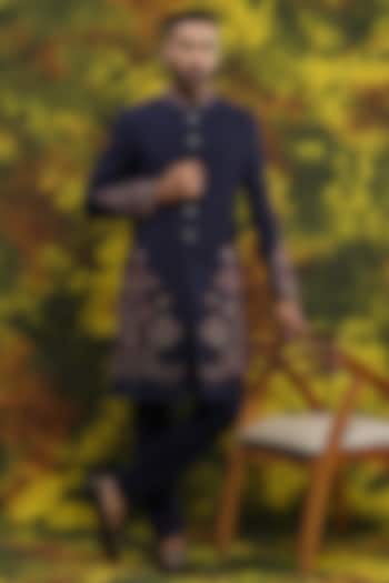 Navy Blue Cotton & Handloom Hand Embroidered Wedding Sherwani Set by Soniya G Men at Pernia's Pop Up Shop