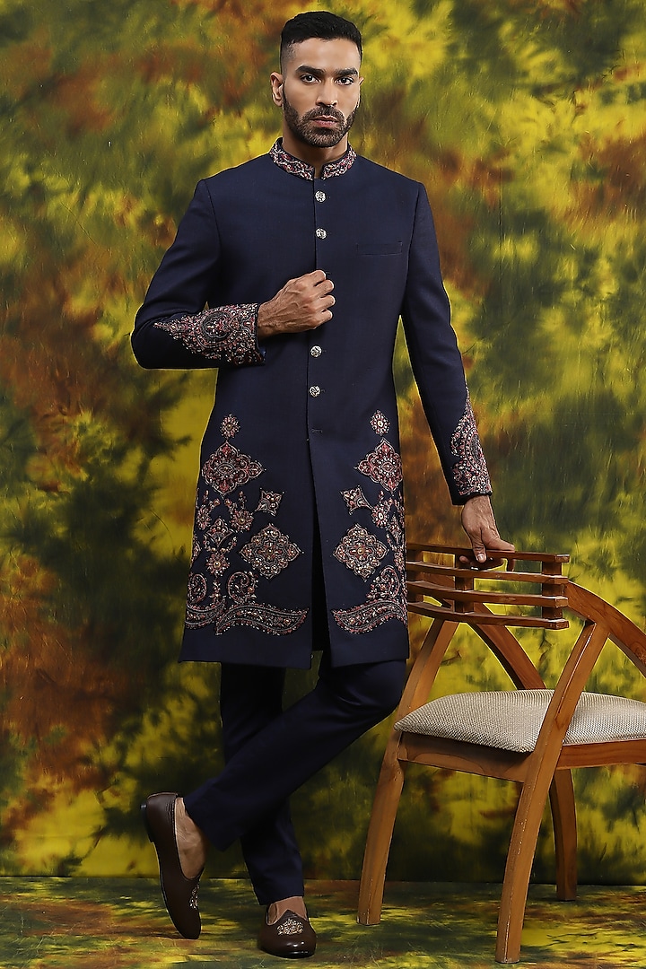 Navy Blue Cotton & Handloom Hand Embroidered Wedding Sherwani Set by Soniya G Men at Pernia's Pop Up Shop