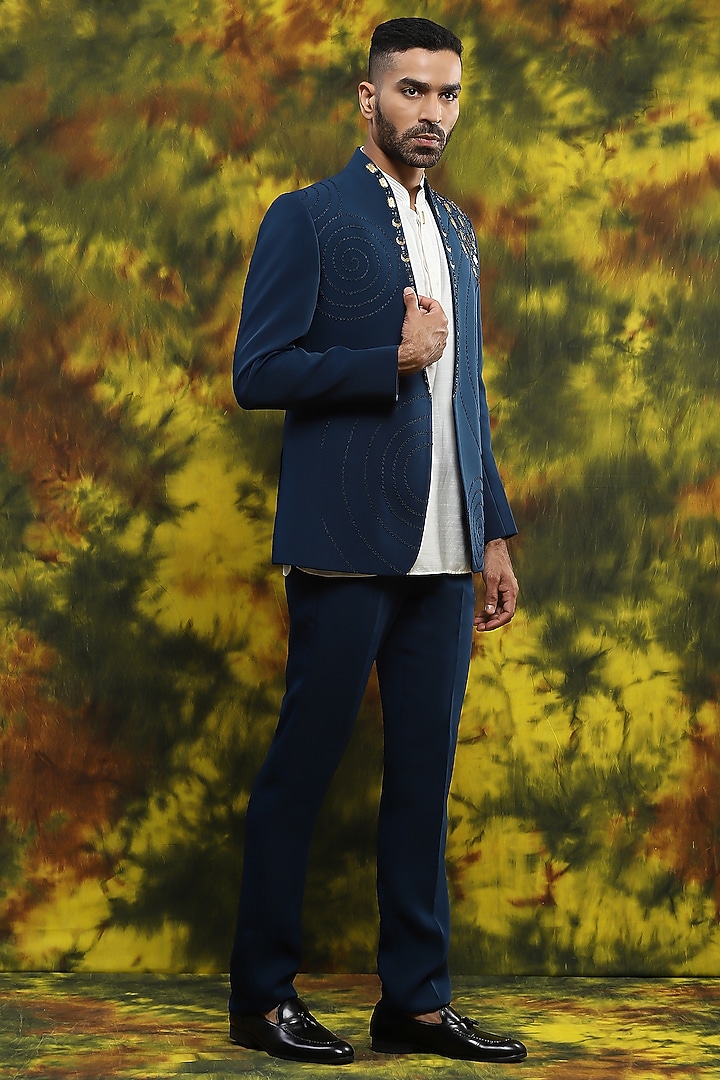 Royal Blue Italian Crepe Wedding Indowestern Set by Soniya G Men at Pernia's Pop Up Shop