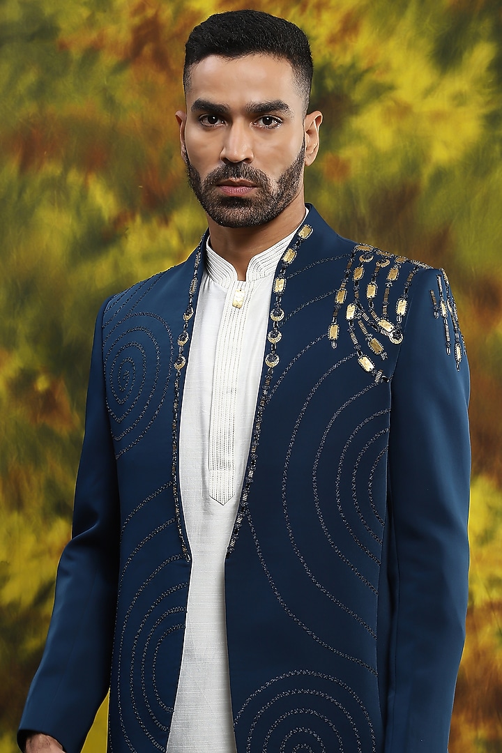 Royal Blue Italian Crepe Wedding Indowestern Set by Soniya G Men at Pernia's Pop Up Shop