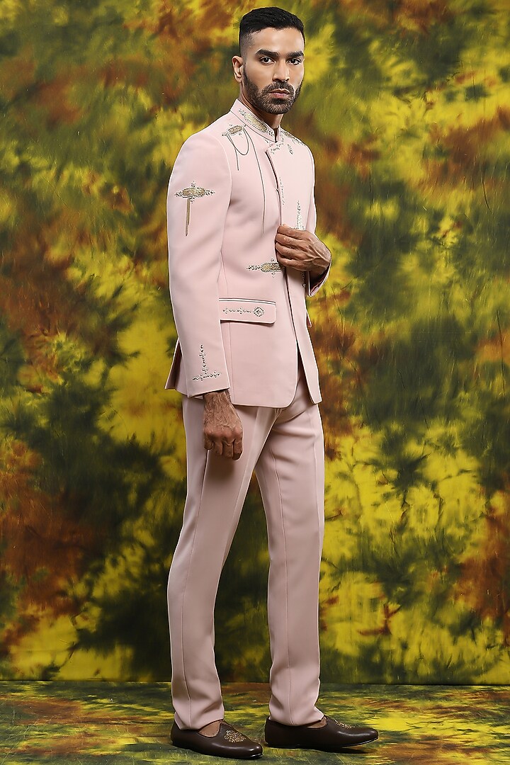 Pastel Pink Italian Crepe Embroidered Wedding Bandhgala Set by Soniya G Men at Pernia's Pop Up Shop