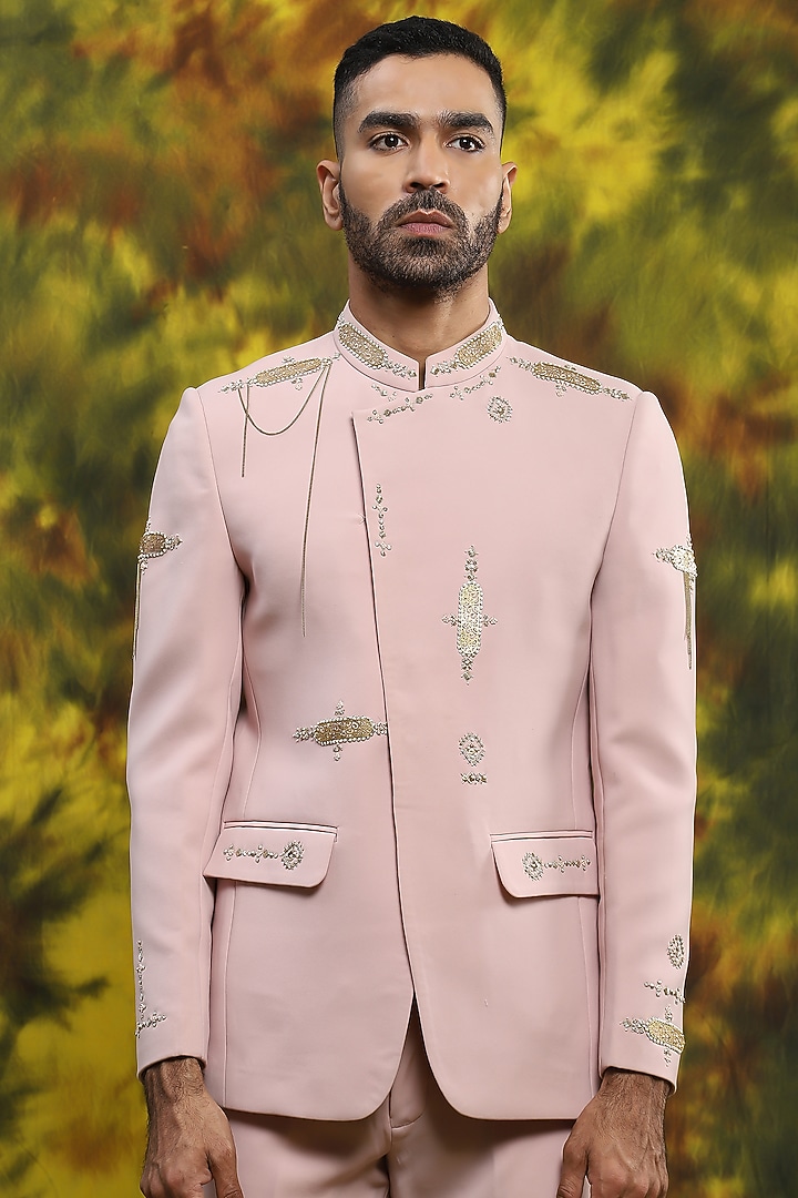 Pastel Pink Italian Crepe Embroidered Wedding Bandhgala Set by Soniya G Men at Pernia's Pop Up Shop