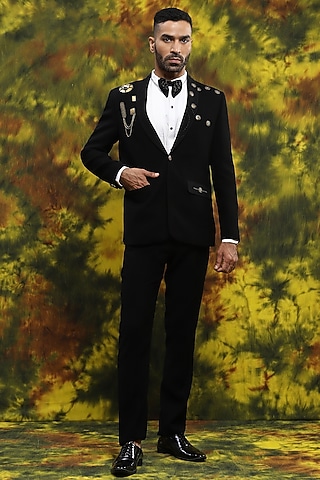 Black Italian Crepe Gold Embroidered Tuxedo Set by Soniya G Men