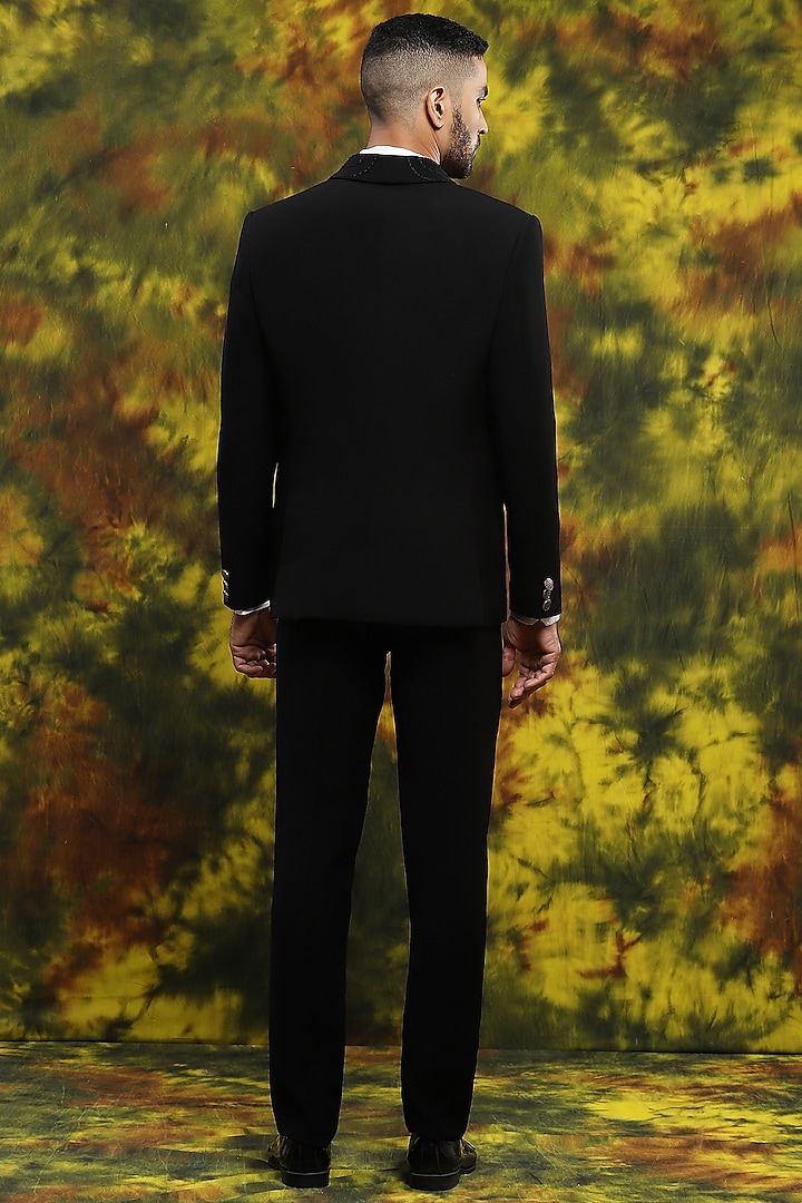 Black Italian Crepe Gold Embroidered Tuxedo Set by Soniya G Men at Pernia's Pop Up Shop