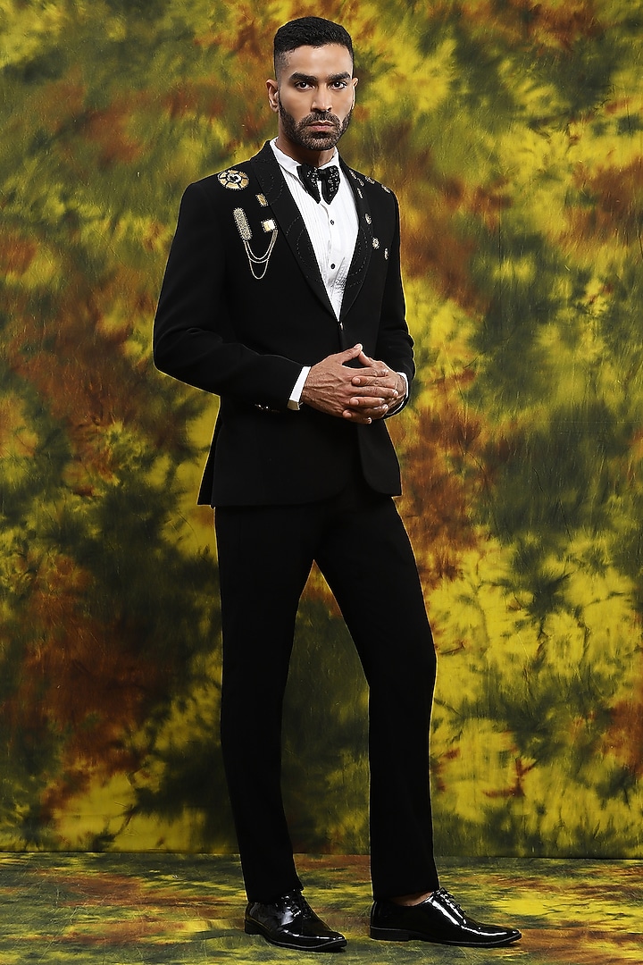 Black Italian Crepe Gold Embroidered Tuxedo Set by Soniya G Men at Pernia's Pop Up Shop