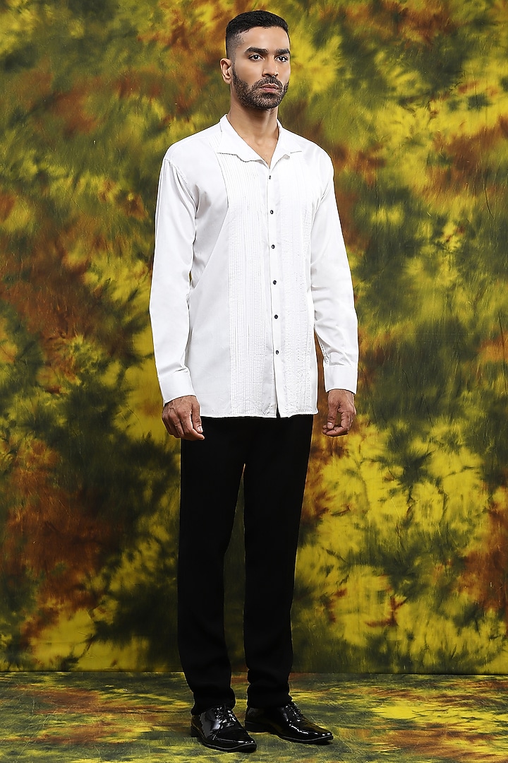 Black Italian Crepe Gold Embroidered Tuxedo Set by Soniya G Men at Pernia's Pop Up Shop